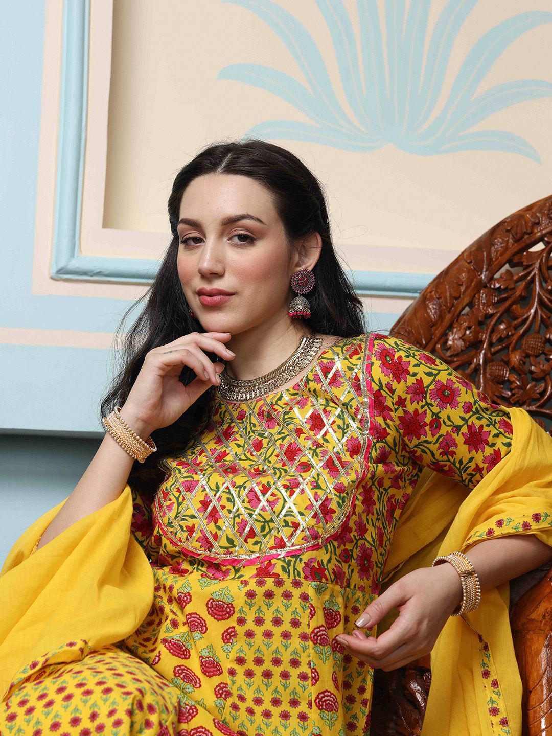 Dhiyona IS Women's Mustard Yellow Floral Printed Pure Cotton Anarkali Kurta With Trousers & Dupatta