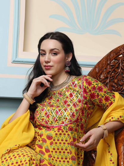 Dhiyona IS Women's Mustard Yellow Floral Printed Pure Cotton Anarkali Kurta With Trousers & Dupatta