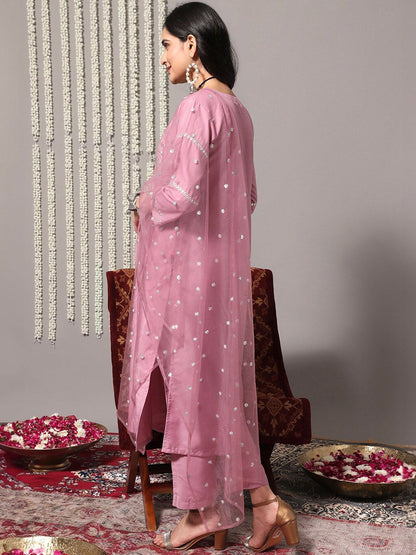 Dhiyona VA Women'sEthnic Motifs Yoke Design Mirror Work Straight Kurta With Trousers & Dupatta