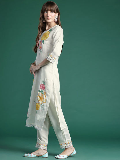 Floral Embroidered Thread Work Kurta with Trousers & With Dupatta