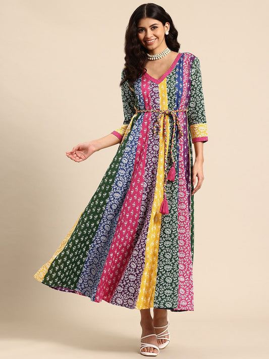 Dhiyona AY Women's Floral Printed A-Line Maxi Ethnic Dress With Belt
