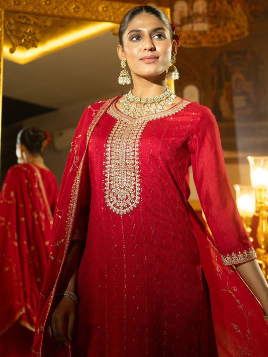 Dhiyona IE Women Ethnic Motifs Embroidered Regular Sequinned Kurta with Trousers & With Dupatta