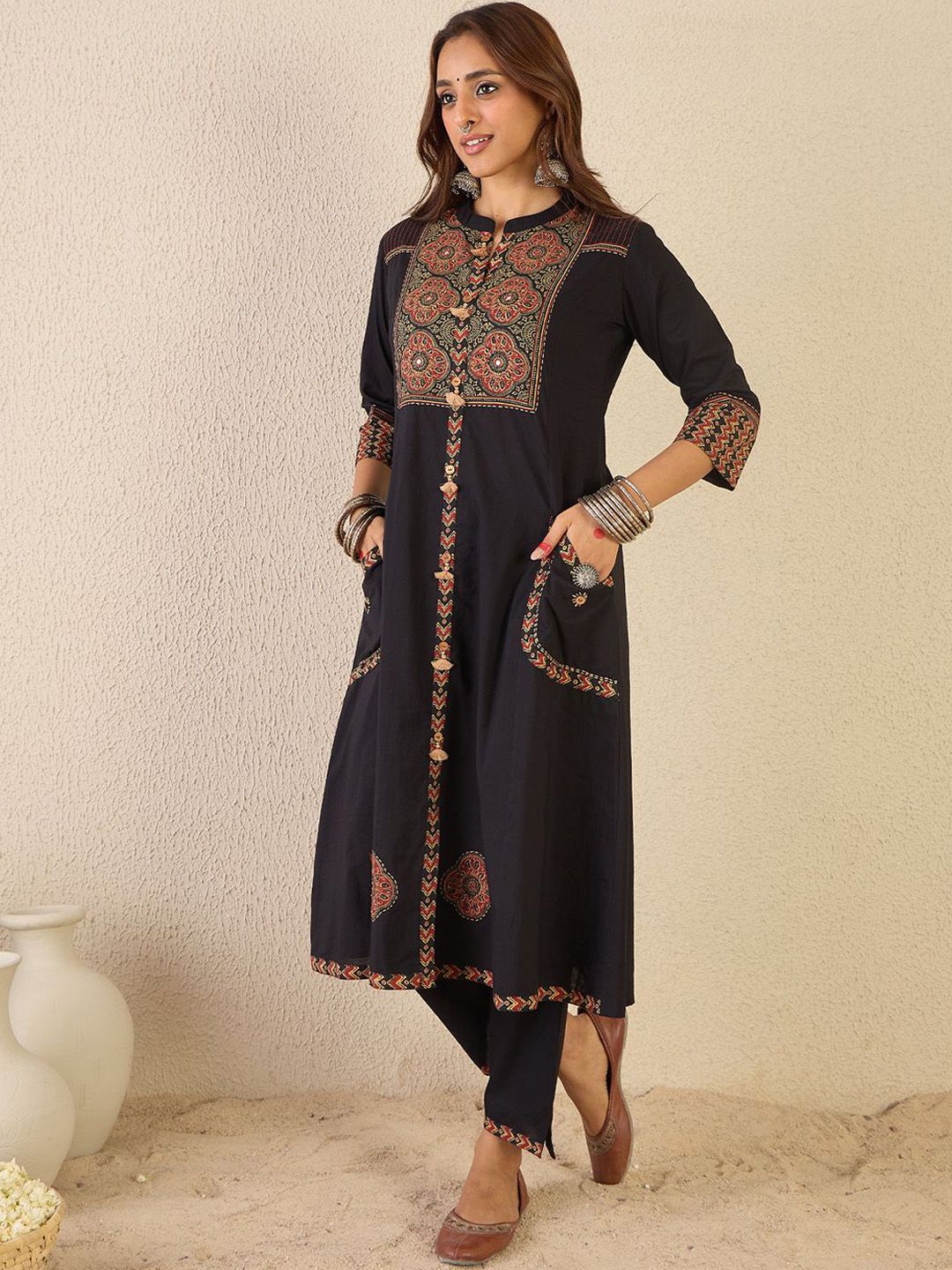Ethnic Motifs Printed Mandarin Collar A Line Pure Cotton Kurta With Trousers