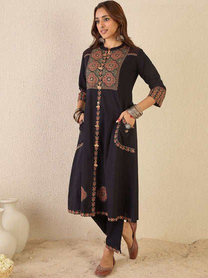 Ethnic Motifs Printed Mandarin Collar A Line Pure Cotton Kurta With Trousers