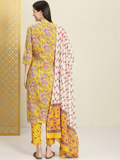 Dhiyona PD Women Women Mustard Yellow Printed Rozana Kurta with Trousers & With Dupatta