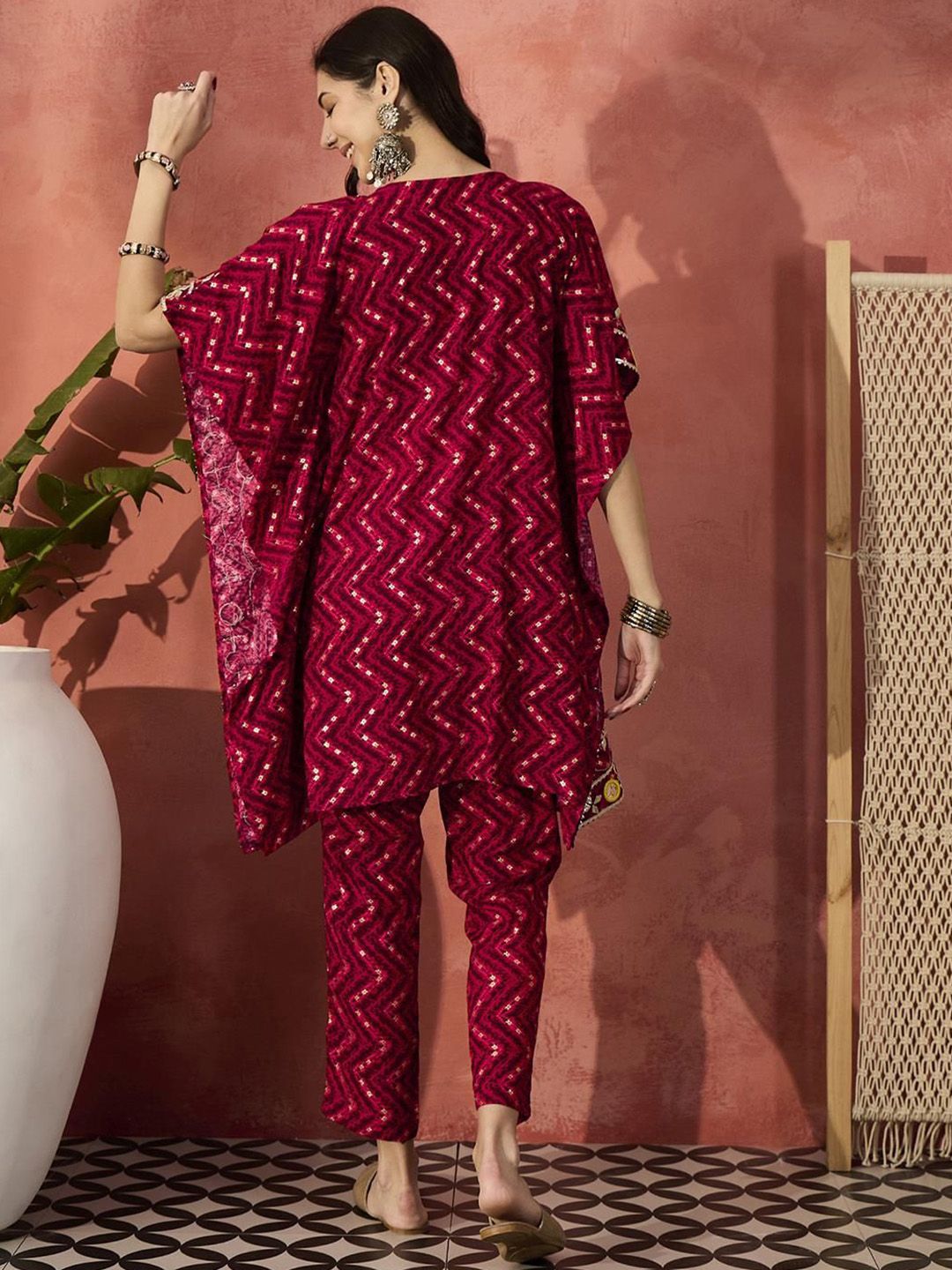 Dhiyona IS Women's Geometric Printed V-Neck Gotta Patti Kaftan Kurti With Trousers