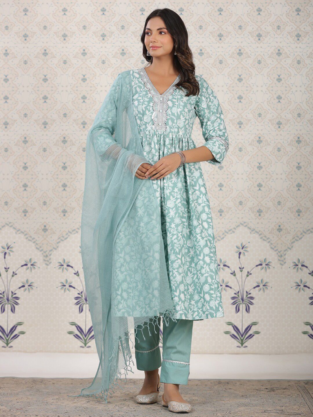 Dhiyona OD  Floral Printed Pure Cotton Kurta With Palozza & Dupatta
