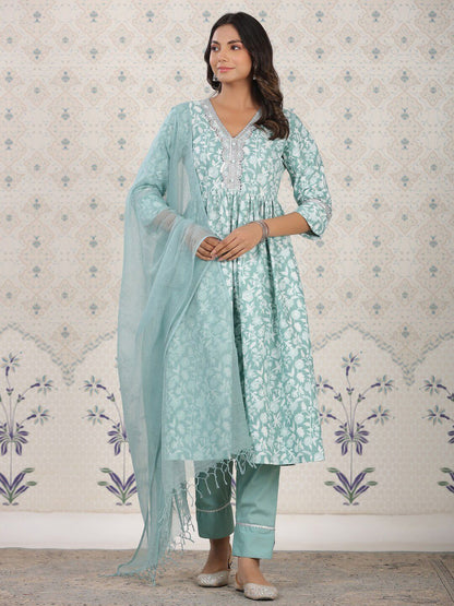 Dhiyona OD  Floral Printed Pure Cotton Kurta With Palozza & Dupatta