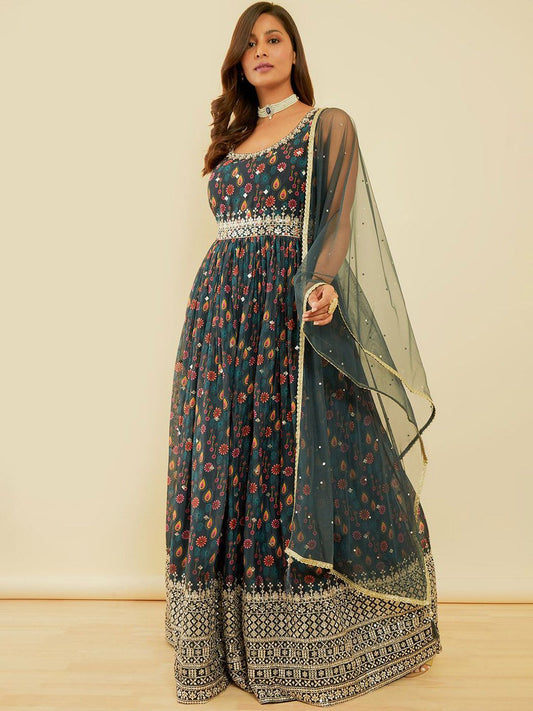 Dhiyona SO Women's Ethnic Motifs Printed Pleated Sequinned Kurta & Churidar With Dupatta