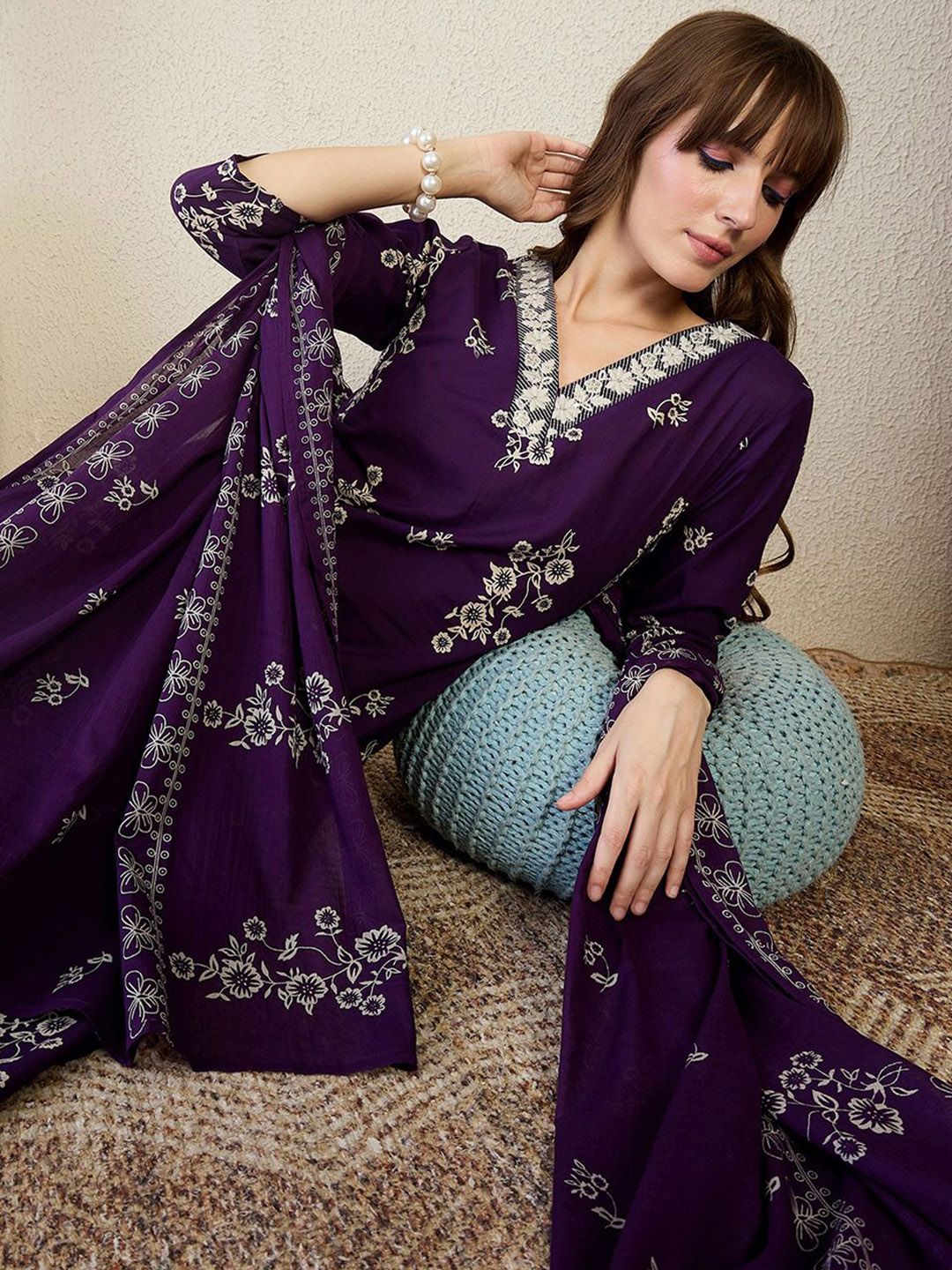 Women Floral Printed Regular Pure Cotton Kurta with Trousers & Dupatta