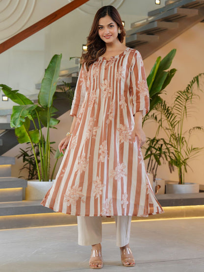 Dhiyona IE Floral Printed A-Line Pure Cotton Kurta With Trousers