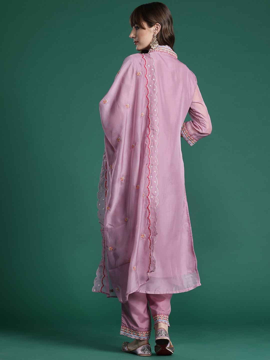 Floral Embroidered Thread Work Kurta with Trousers & With Dupatta