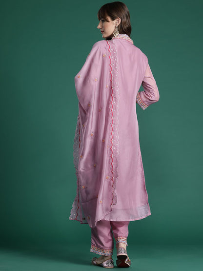 Floral Embroidered Thread Work Kurta with Trousers & With Dupatta