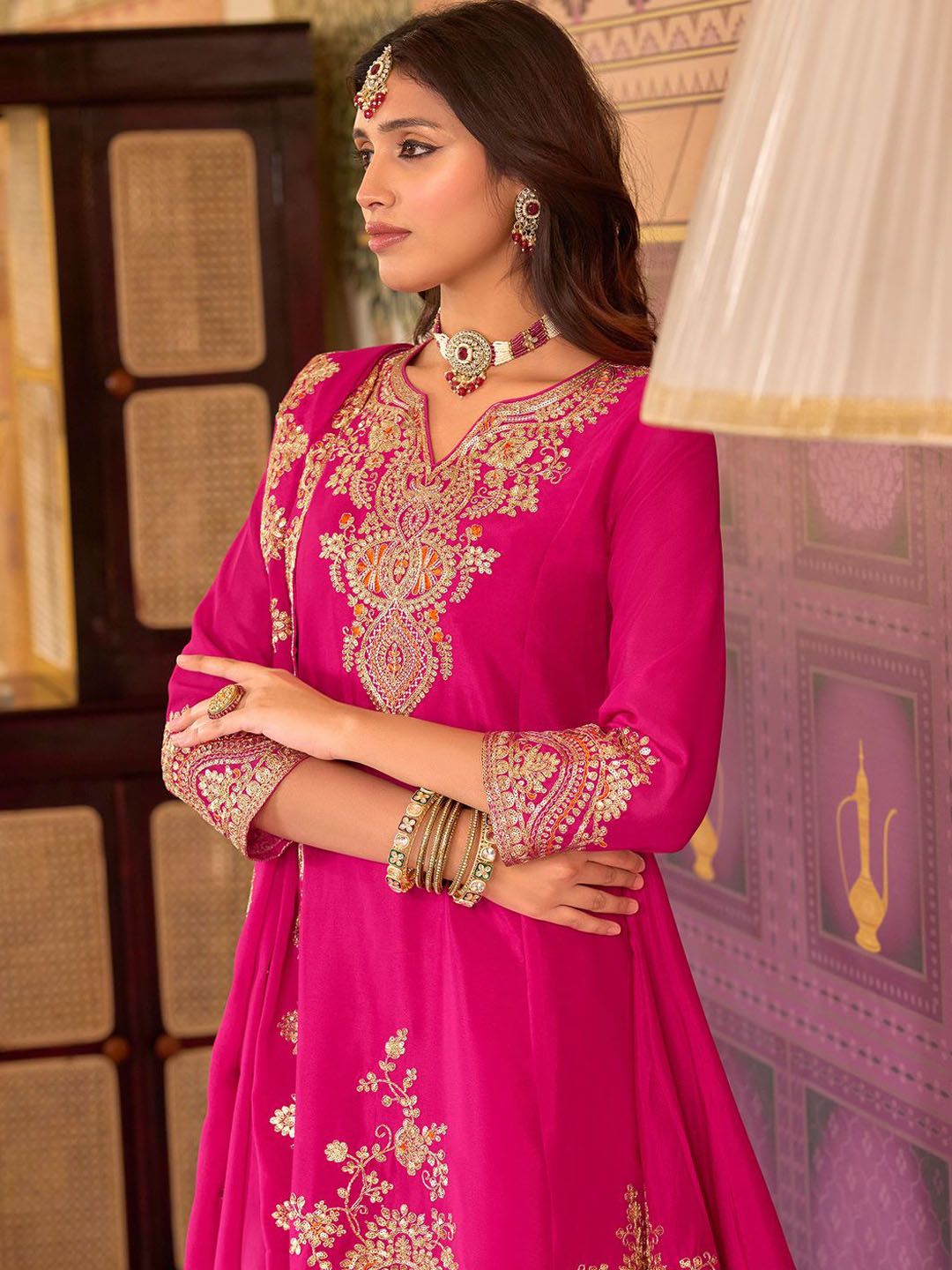 Floral Embroidered Sequinned Chinon A-Line Kurta With Palazzos & Dupatta