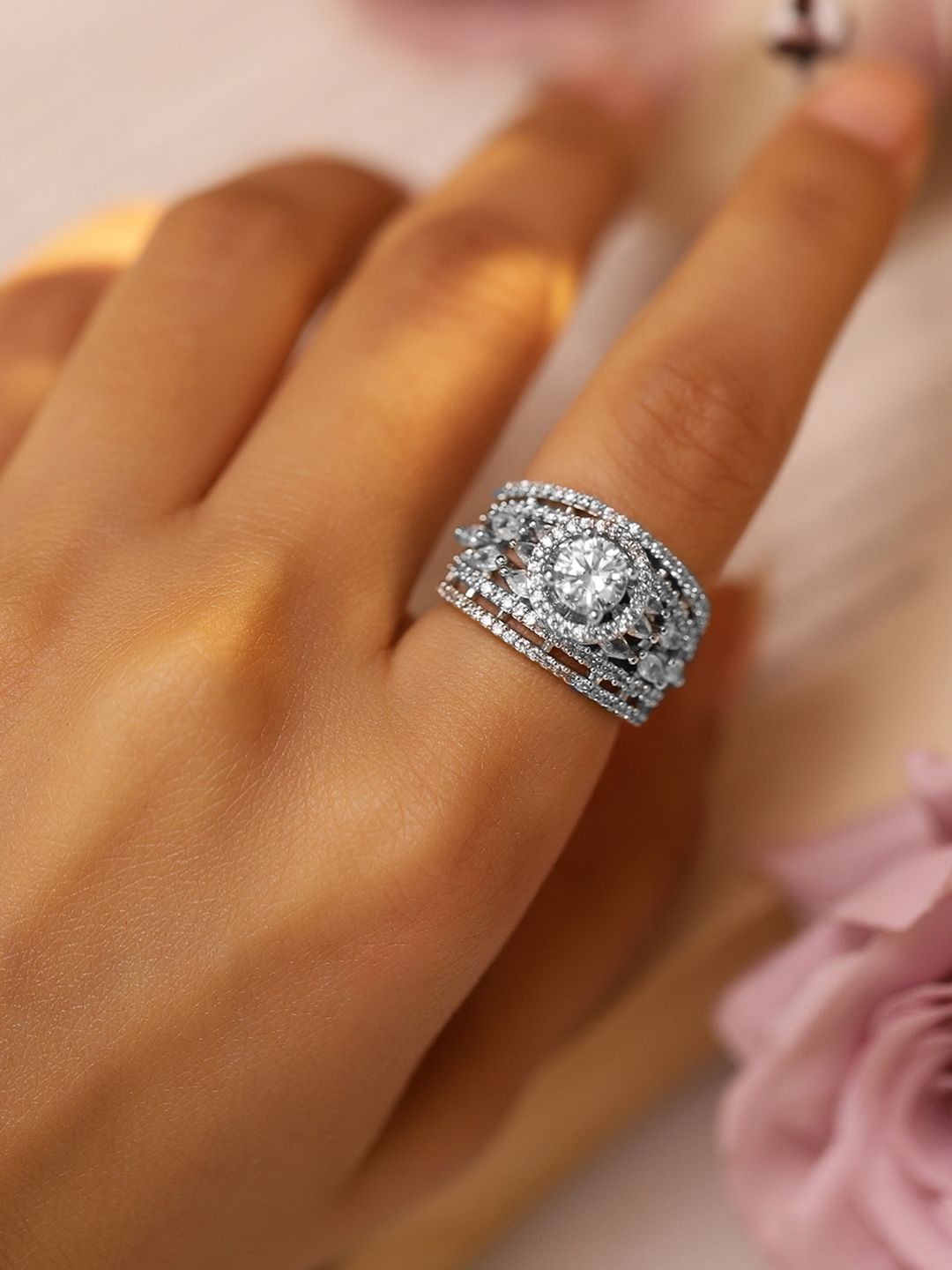 Dhiyona RJ Women's Women Rhodium Plated Cubic Zirconia Studded Adjustable Finger Ring