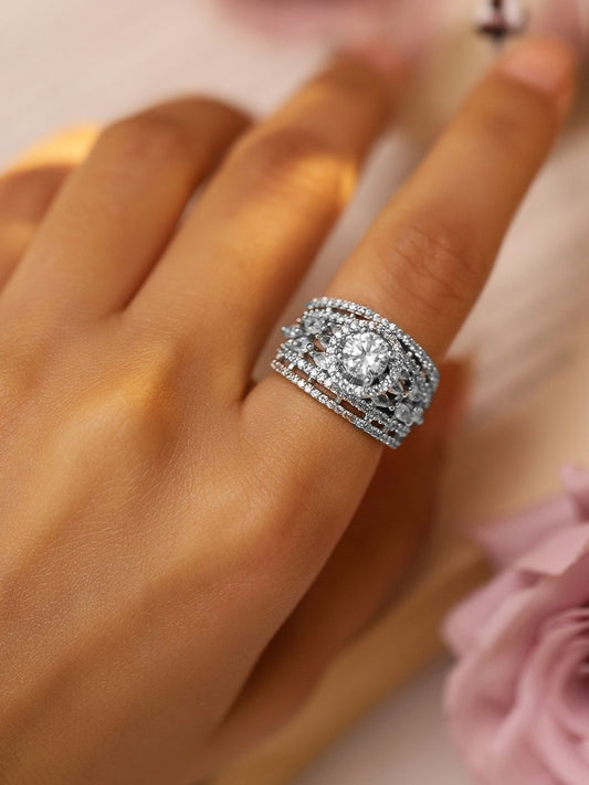 Dhiyona RJ Women's Women Rhodium Plated Cubic Zirconia Studded Adjustable Finger Ring