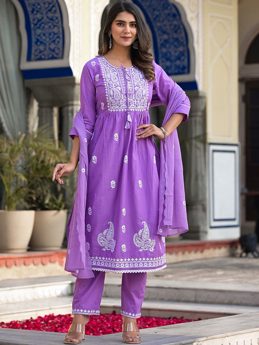Dhiyona VA Women'sEthnic Motifs Embroidered Thread Work Pure Cotton Kurta with Trousers & Dupatta