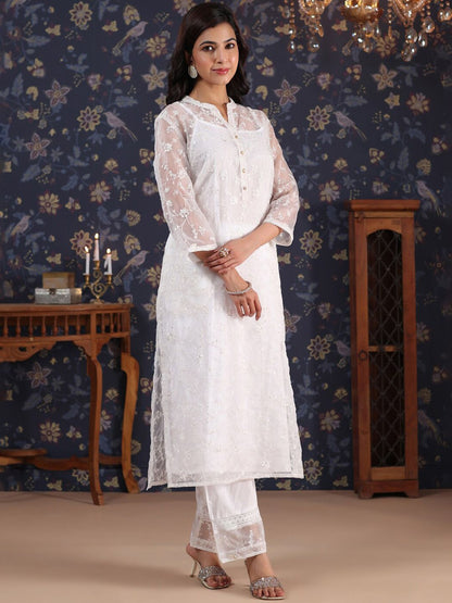 Dhiyona PD Women Ethnic Motif Embroidered Mandarin Collar Kurta With Palazzos & Slip