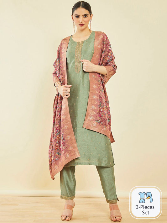 Dhiyona SO Women's Ethnic Motifs Embroidered Regular Zardozi Kurta With Trousers & Dupatta