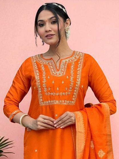 Dhiyona SN Women's Floral Embroidered Thread Work Notch Neck Straight Kurta With Trouser And Dupatta