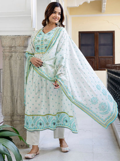 Dhiyona IE Floral Printed V-Neck Pleated Pure Cotton A-Line Kurta With Trouser And Dupatta