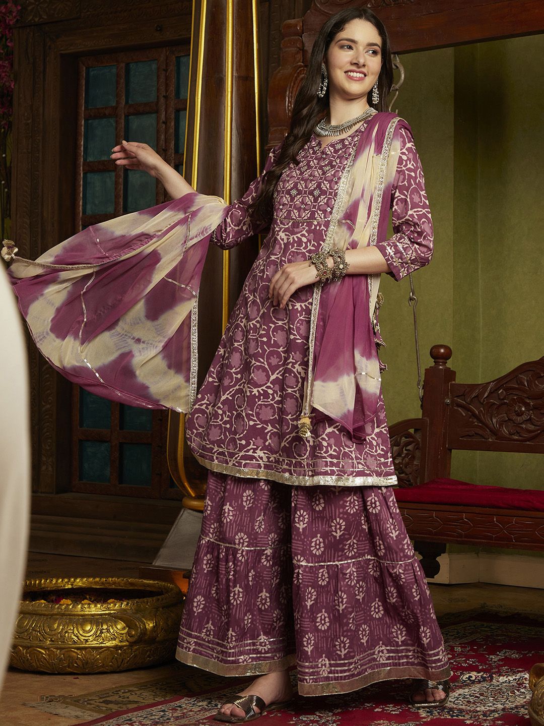 Dhiyona SN Women's Purple Ethnic Motifs Printed A-Line Kurti & Sharara With Dupatta