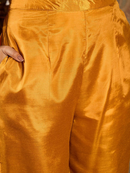 Floral Yoke Design Pleated Thread Work Anarkali Kurta With Trousers & Dupatta