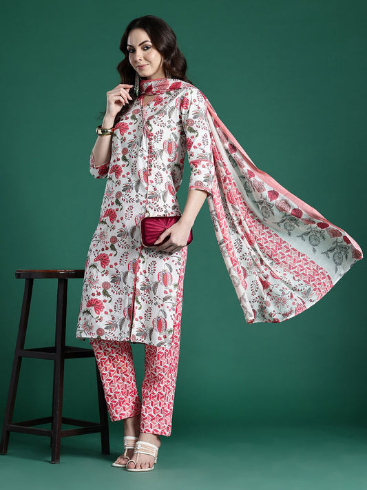 Dhiyona IE Floral Printed Pure Cotton Kurta with Trousers & Dupatta