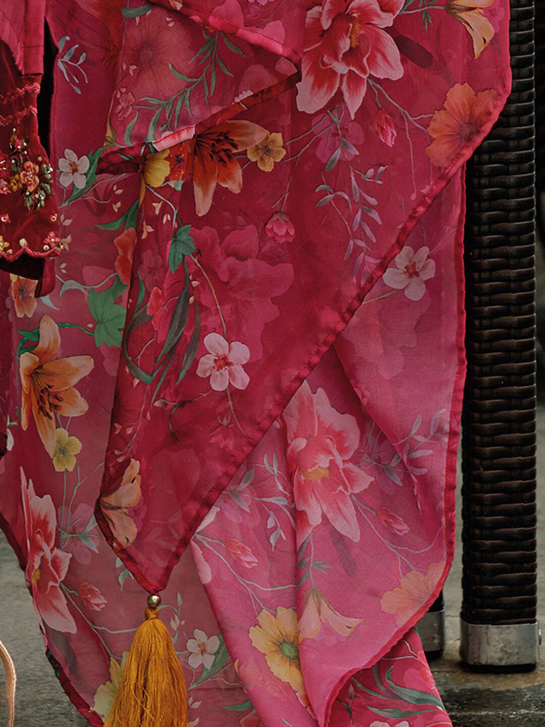 Dhiyona IE Floral Embroidered Panelled Thread Work A-Line Kurta With Trousers & Dupatta