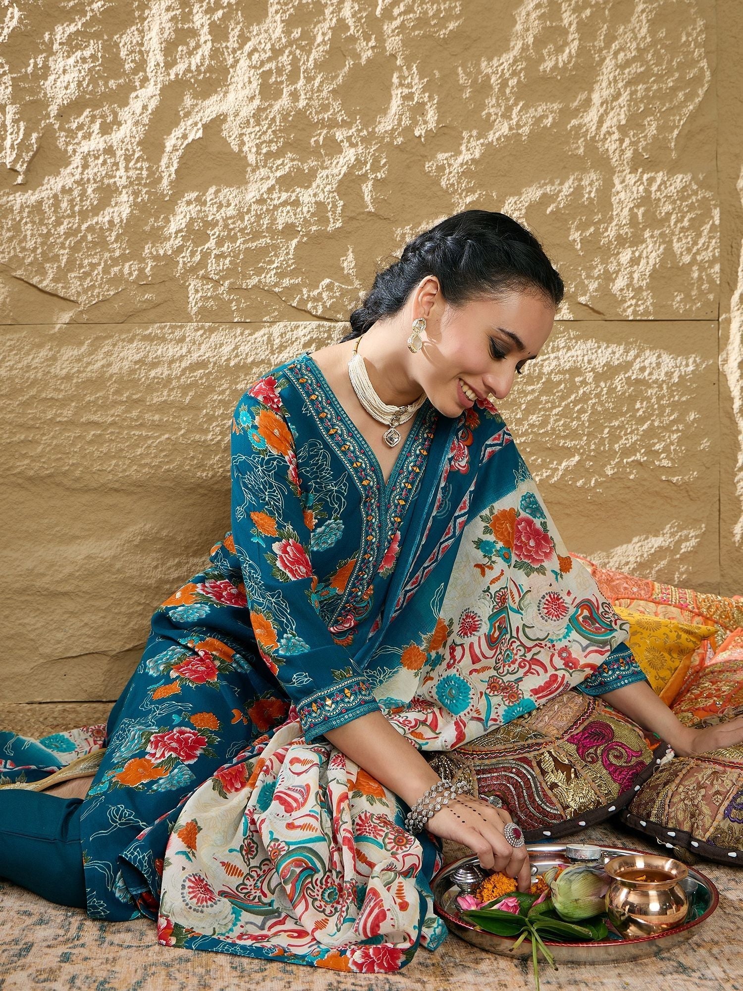 Dhiyona IE Floral Printed Mirror Work V-Neck Straight Kurta With Trousers And Dupatta