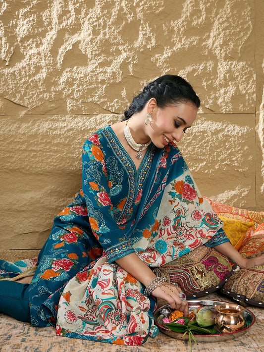 Dhiyona IE Floral Printed Mirror Work V-Neck Straight Kurta With Trousers And Dupatta