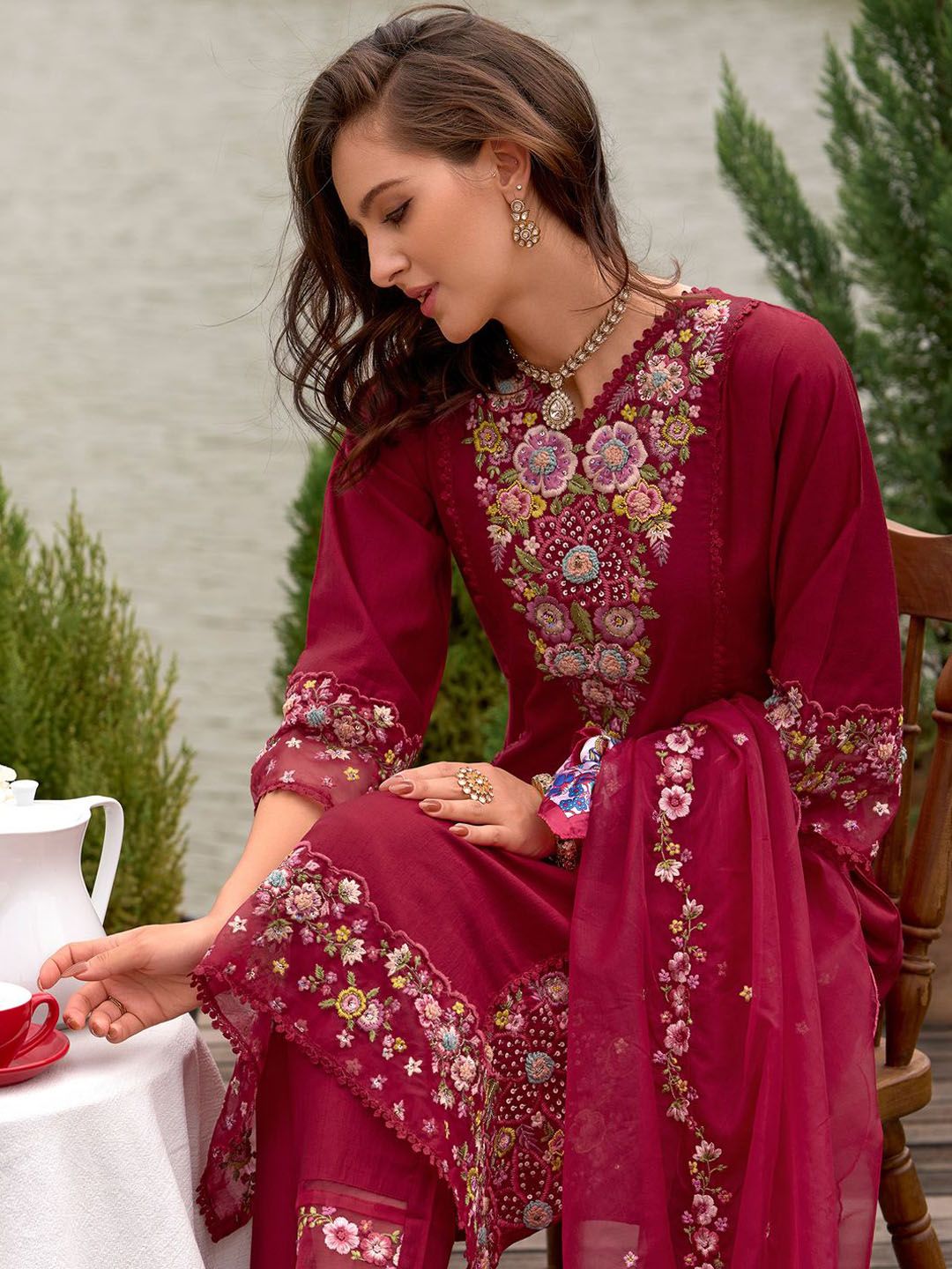 Women Floral Embroidered Panelled Sequinned Kurta with Trousers & With Dupatta