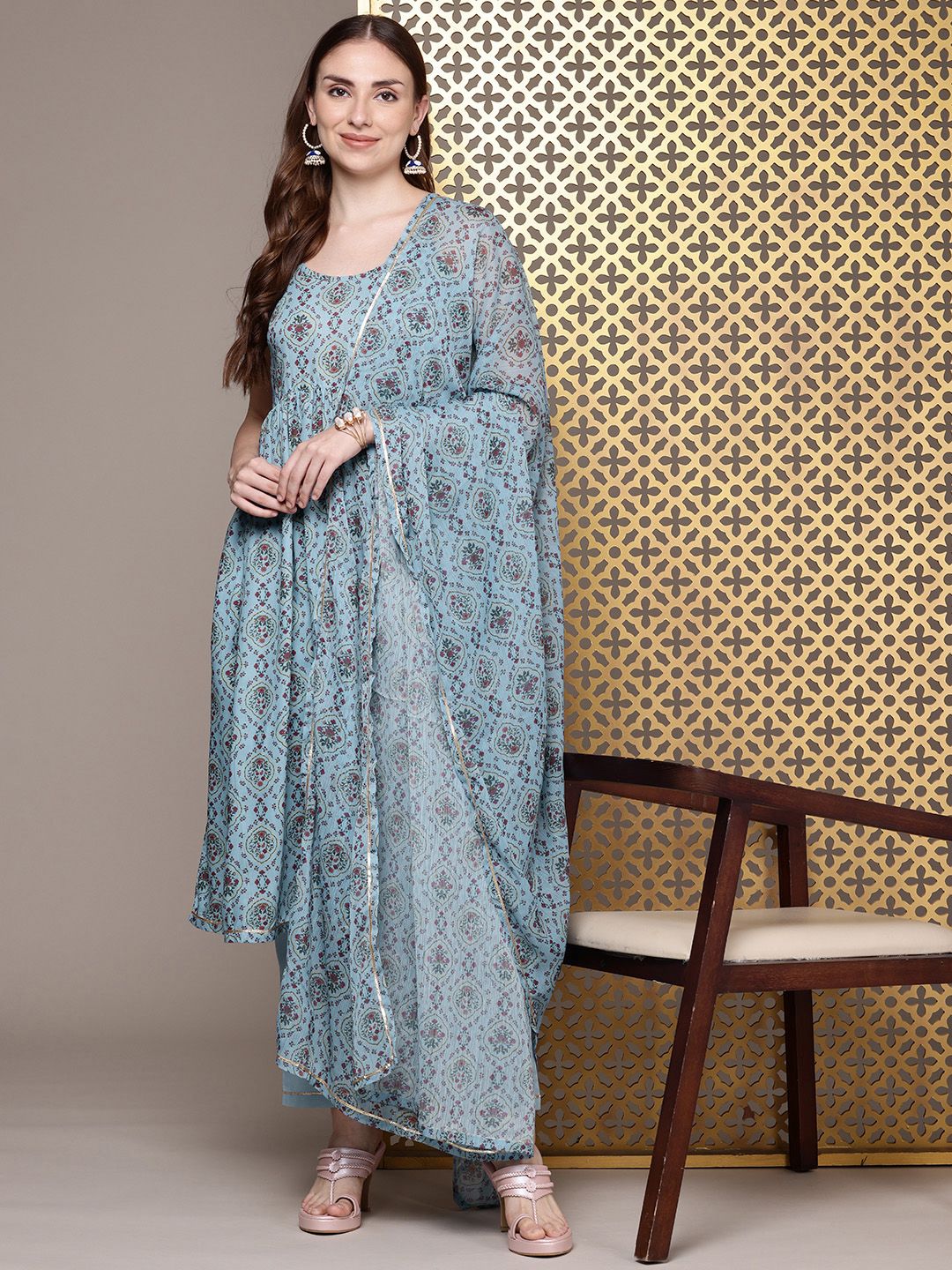 Dhiyona PD Women Jashn Ethnic Motifs Printed Pleated Kurta with Trousers & Dupatta