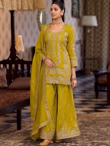 Women Ethnic Motifs Embroidered Regular Sequinned Kurta with Palazzos & With Dupatta