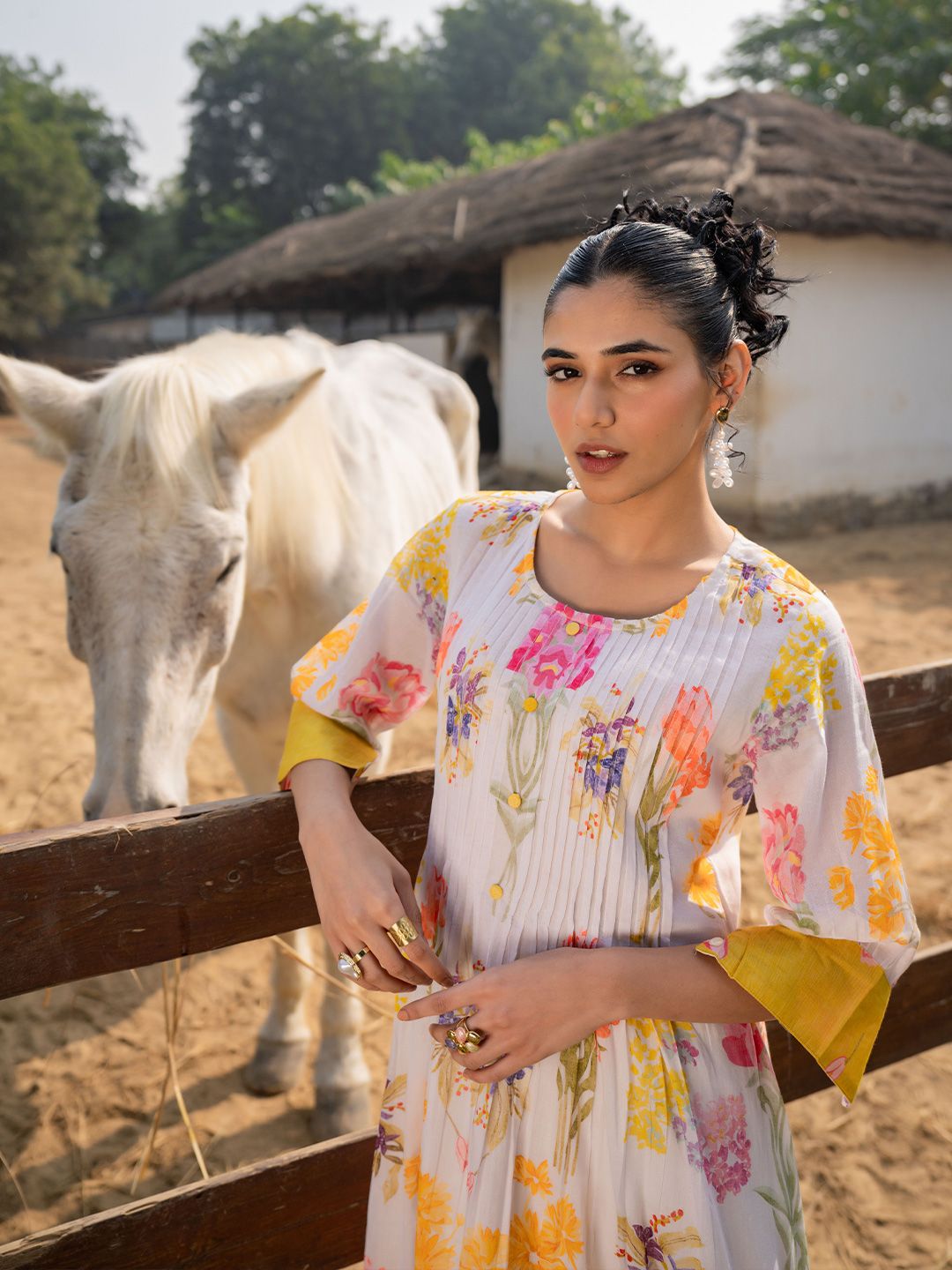 Dhiyona IE Floral Printed Round Neck Pleated Pure Cotton A-Line Kurta With Trouser