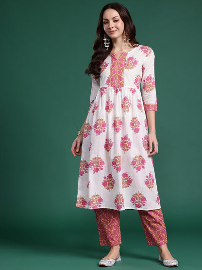 Dhiyona IE Floral Printed Pure Cotton Kurta with Trousers