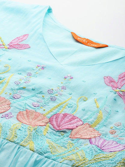 Floral Embroidered Thread Work Pure Cotton Kurta with Trousers & With Dupatta