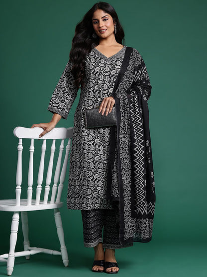 Plus Size Floral Printed Pure Cotton Kurta with Trousers & With Dupatta