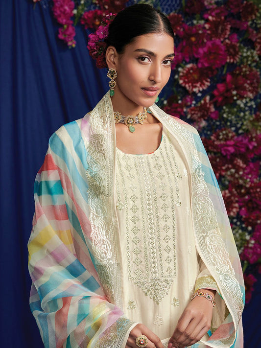 Dhiyona IE Ethnic Motifs Embroidered Thread Work Pure Cotton Kurta with Trousers & Dupatta