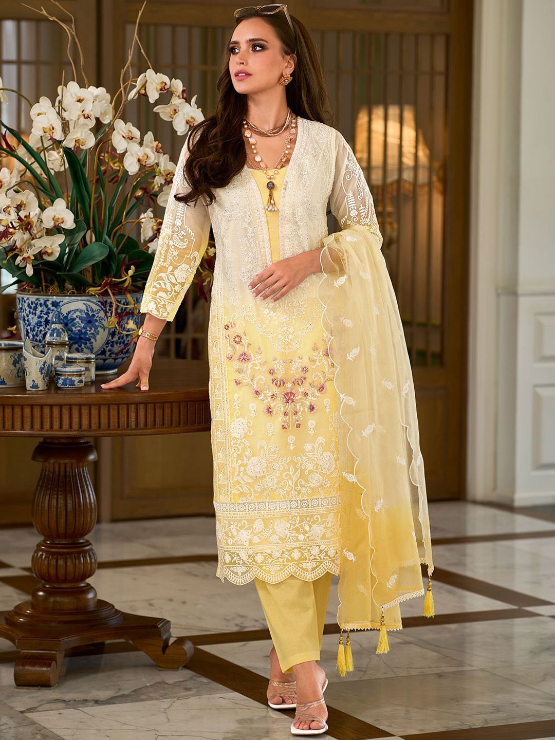 Floral Embroidered Sequinned Straight Organza Kurta With Trousers And Dupatta