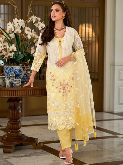 Floral Embroidered Sequinned Straight Organza Kurta With Trousers And Dupatta