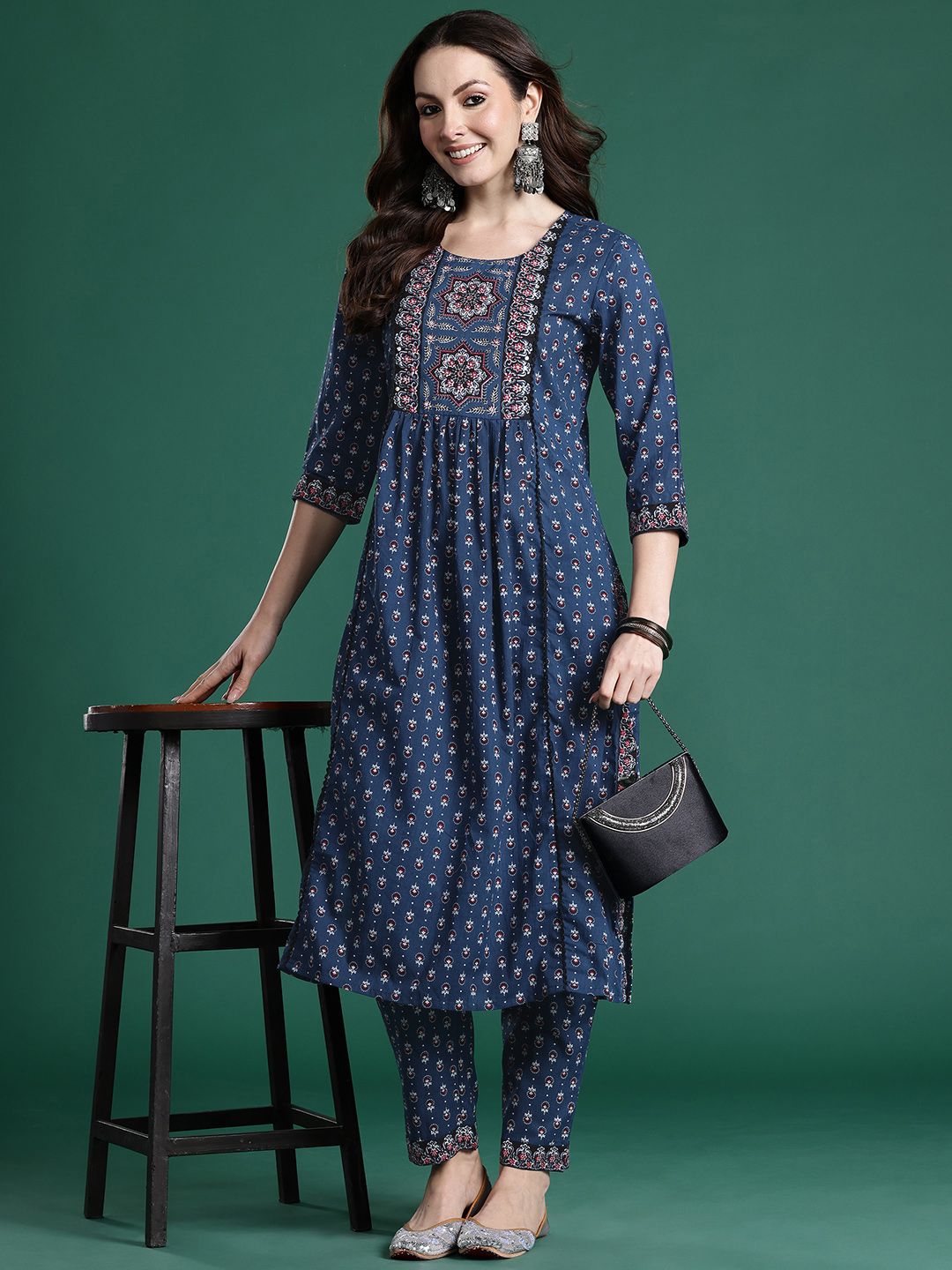 Dhiyona IE Ethnic Motifs Printed Panelled Beads & Stones Pure Cotton Kurta with Trousers