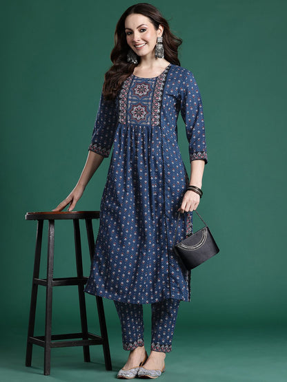 Dhiyona IE Ethnic Motifs Printed Panelled Beads & Stones Pure Cotton Kurta with Trousers