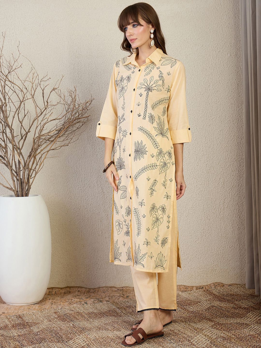Dhiyona IE Embroidered Shirt Collar Top With Trousers Co-Ords