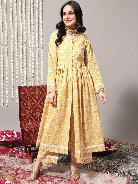 Dhiyona VA Women'sEthnic Motifs Printed A-Line Pure Cotton Kurta with Trousers