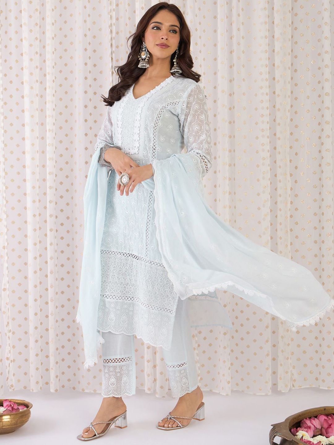Women Ethnic Motifs Thread Work Pure Cotton Kurta with Trousers & With Dupatta