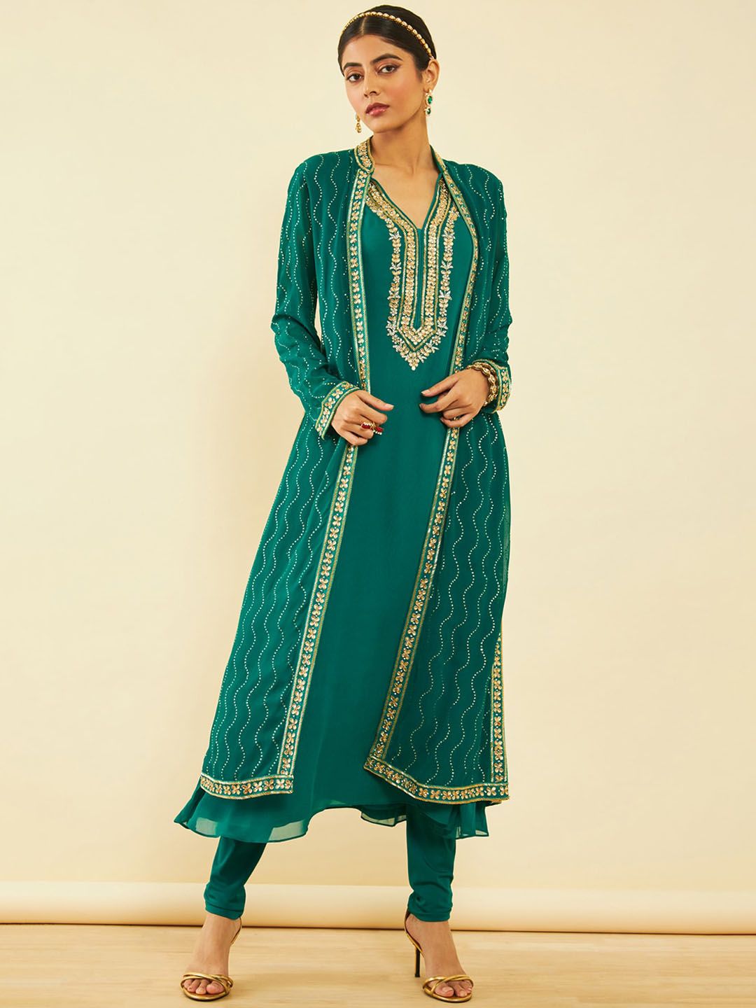 Dhiyona SO Women's Floral Yoke Design Beads and Stones Kurta & Churidar & Dupatta With Shrug