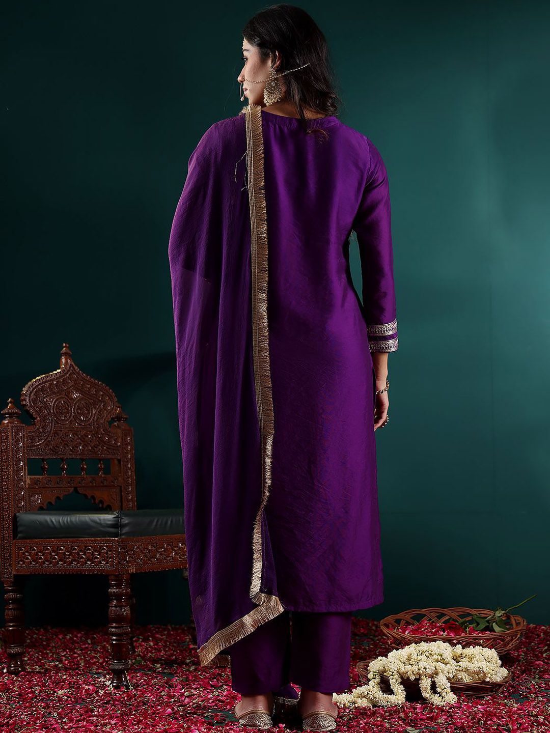 Dhiyona VA Women's Floral Embroidered Regular Chanderi Silk Kurta with Trousers & With Dupatta