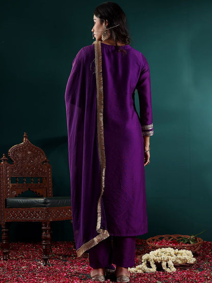 Dhiyona VA Women's Floral Embroidered Regular Chanderi Silk Kurta with Trousers & With Dupatta