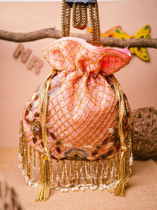 Dhiyona NR Rose & Gold-Toned Embroidered Quilted Potli Clutch
